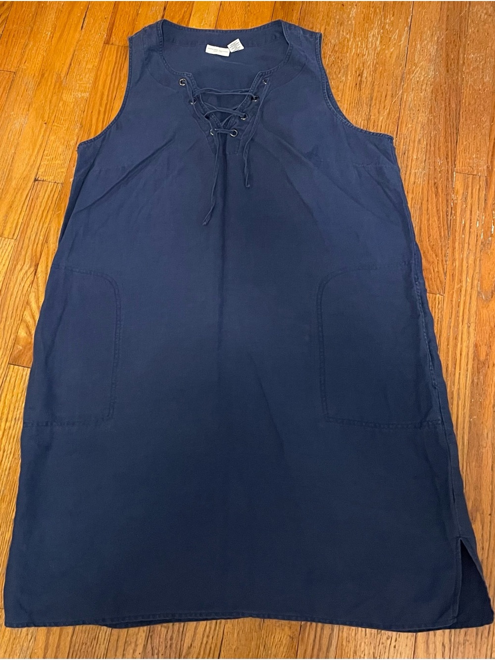 Navy Linen Lace-Up Sleeveless Shift Dress
